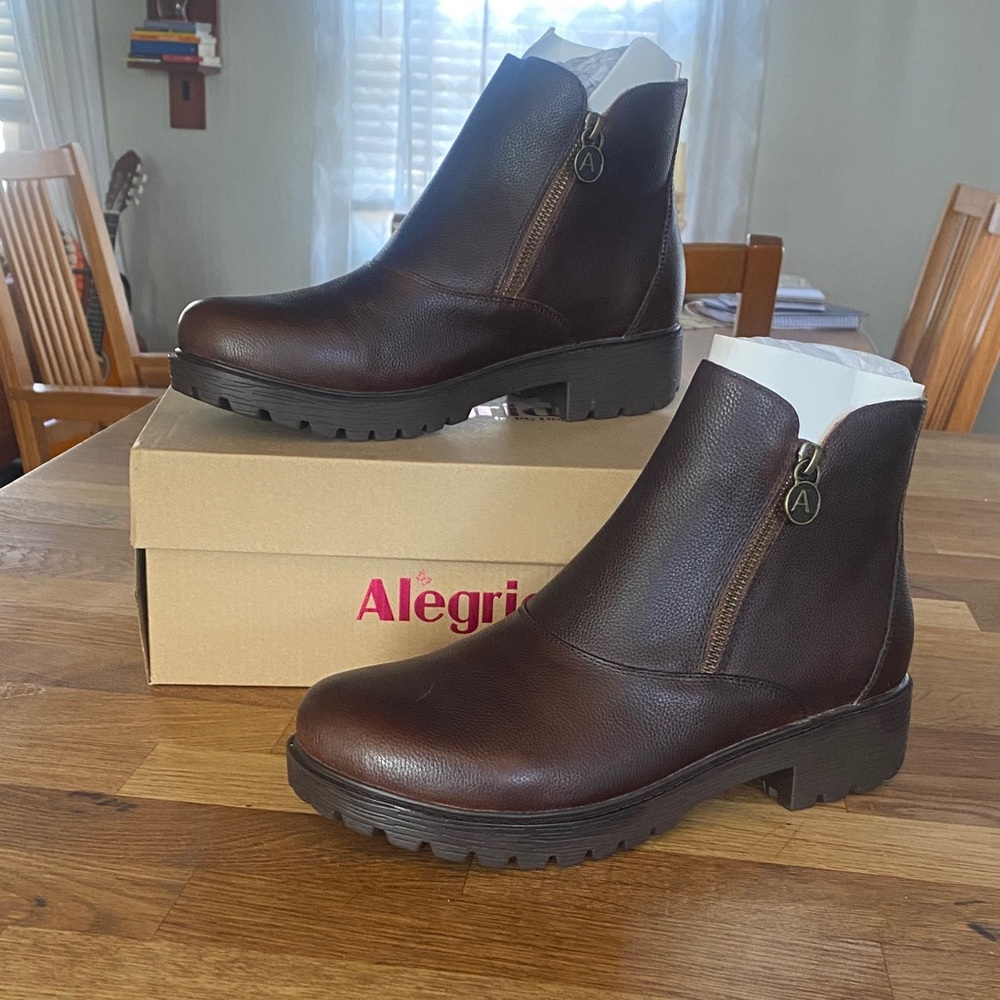Alegria Dark Brown Leather Ankle Booties with Side Zippers
